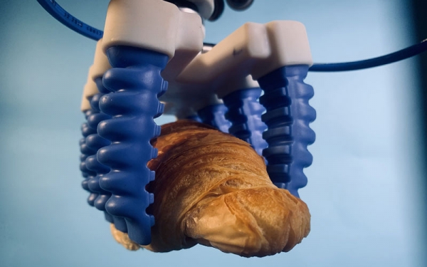 Example: Robot grips picking a croissant from a conveyer belt.
